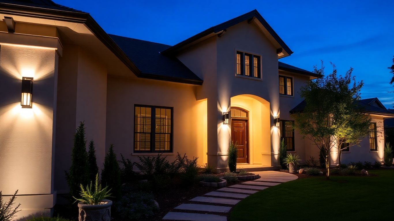 Modern home exterior with warm outdoor lighting at dusk.