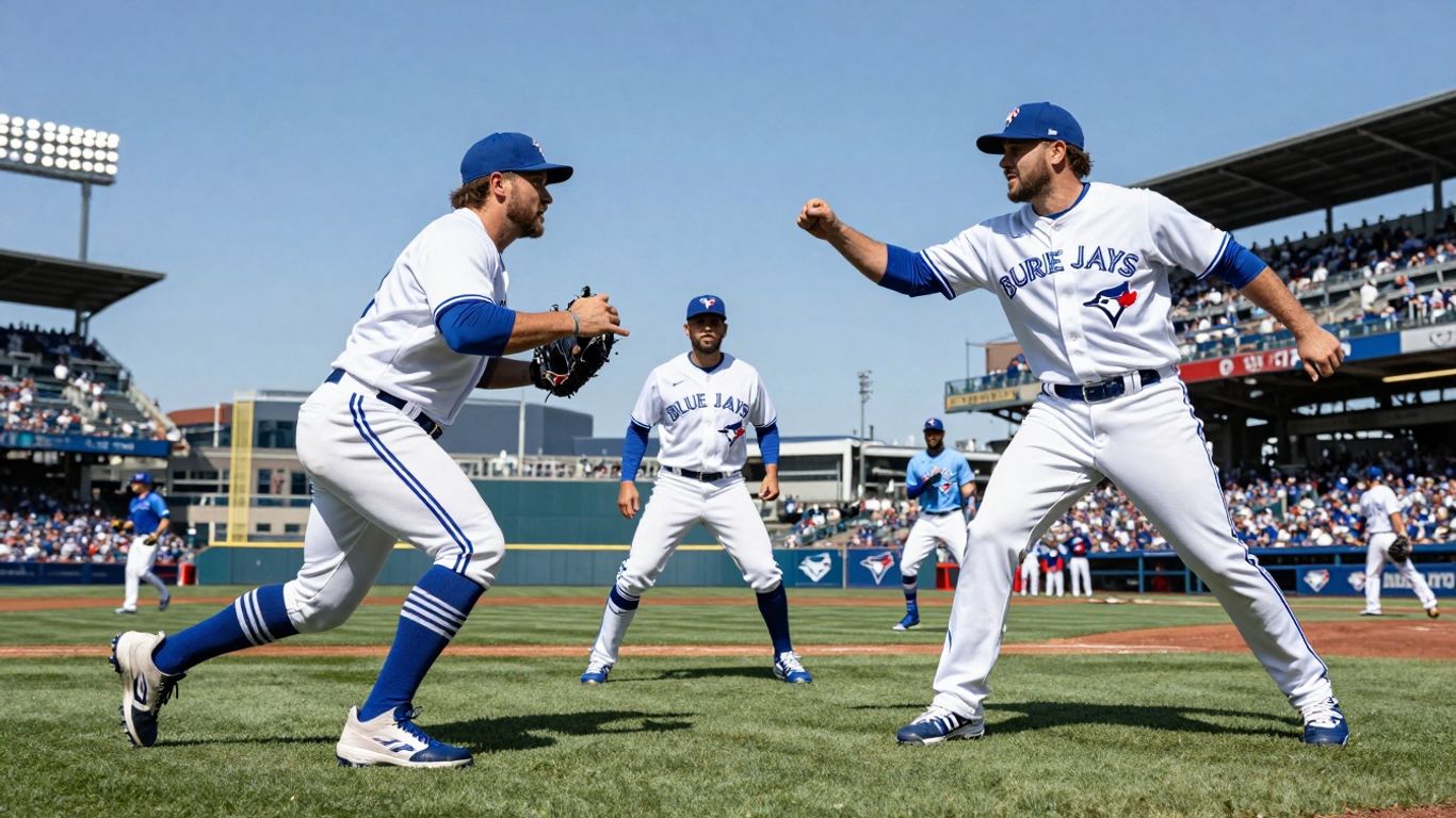Toronto Blue Jays players in a baseball game.