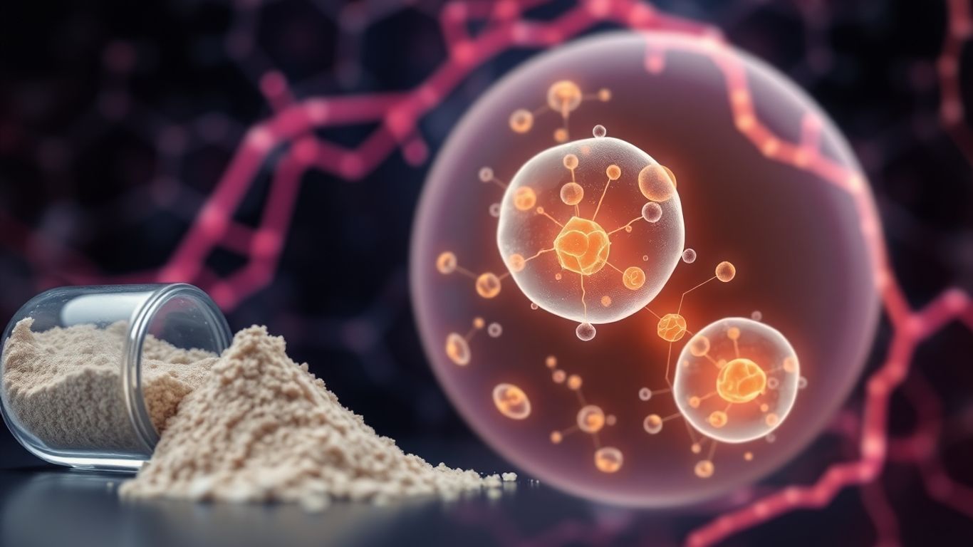 Zinc carnosine powder with glowing mitochondria in cells