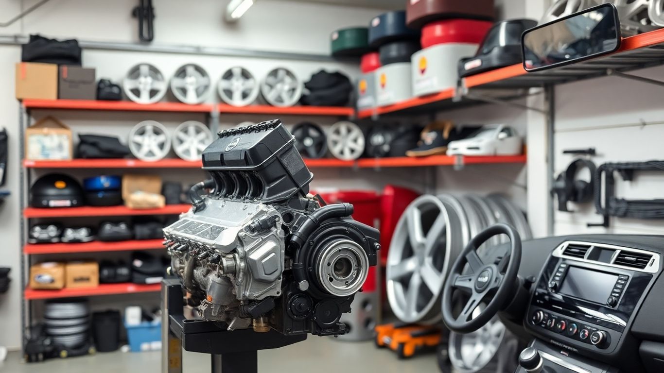 Used Nissan car parts including engine, wheels, and dashboard.