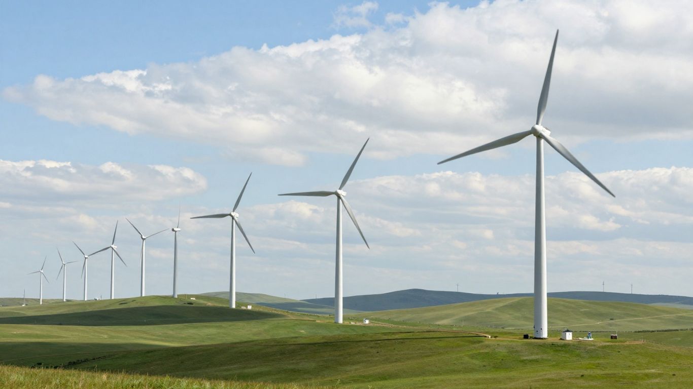 Turbine eoliene pe un deal verde sub cerul senin.