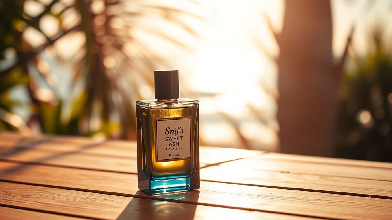 Bottle of Snif Sweet Ash fragrance on a sunny wooden surface.
