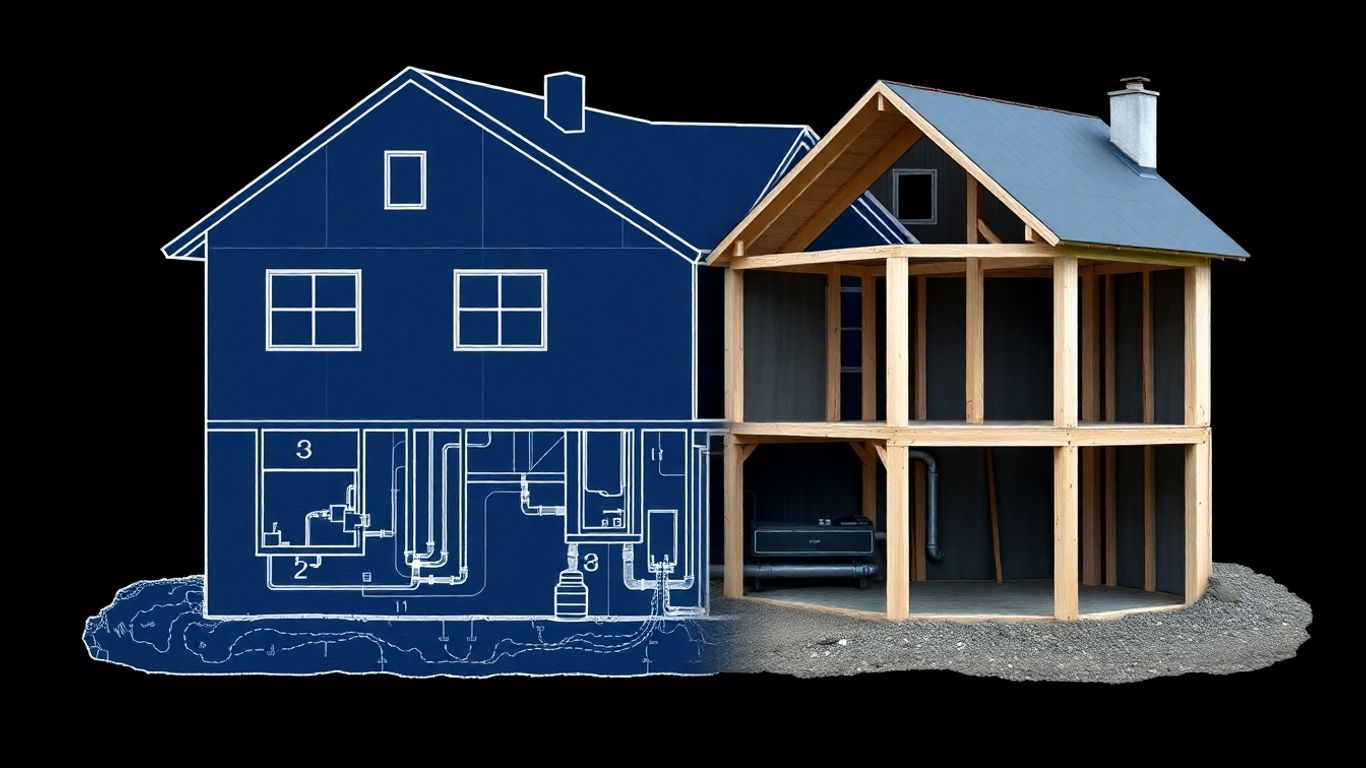 House blueprint with plumbing next to incomplete house.