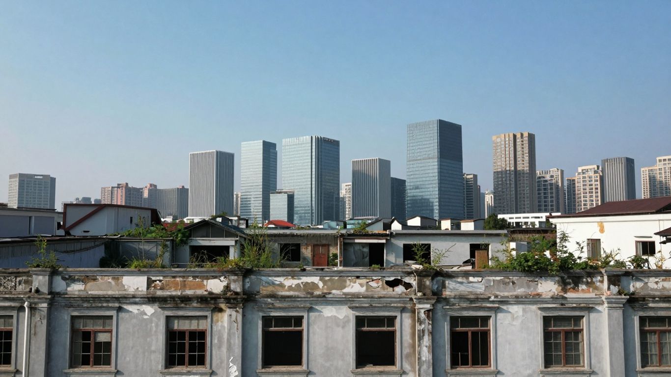 Clădire veche dărăpănată lângă oraș modern.