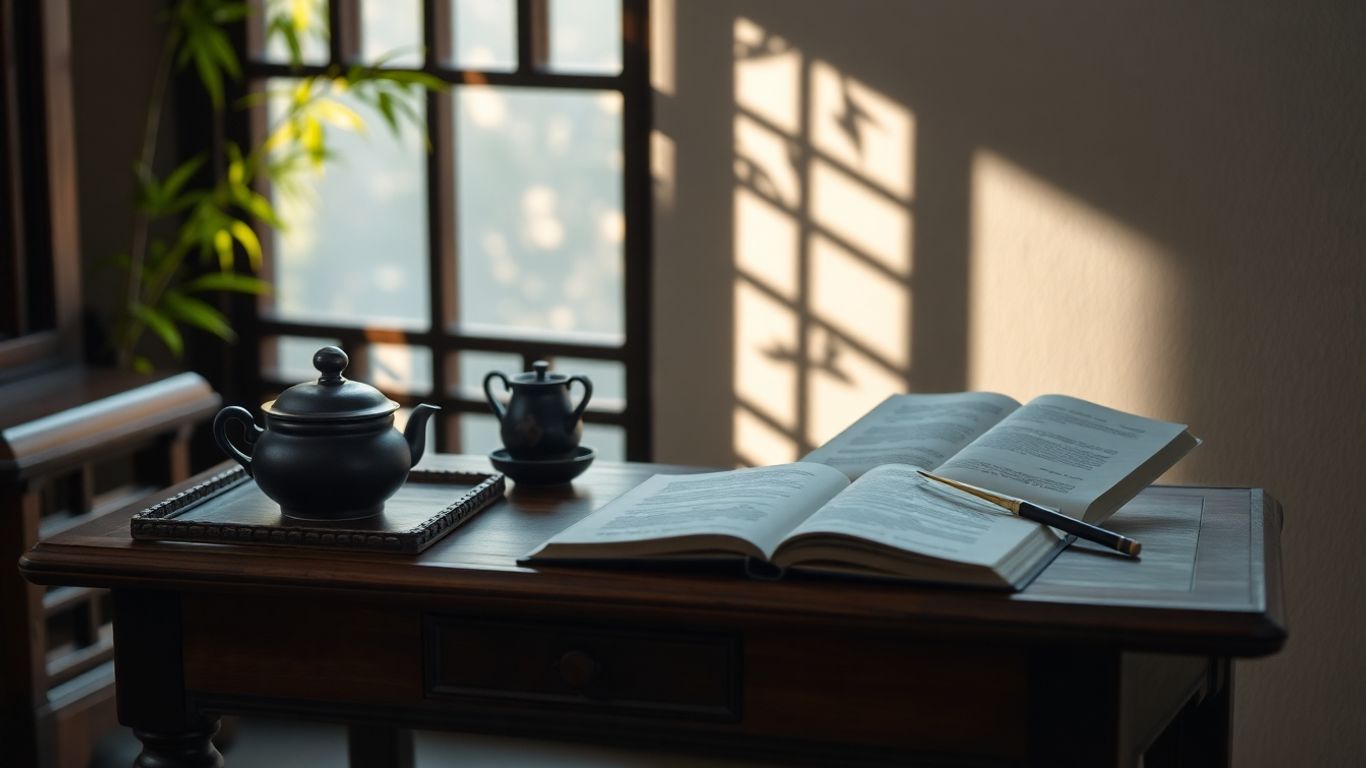 Antique desk with tea set, open book, bamboo shadows