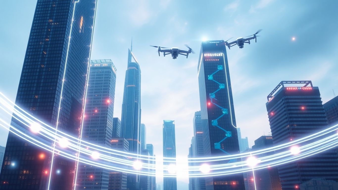 Futuristic cityscape with digital streams and drones.