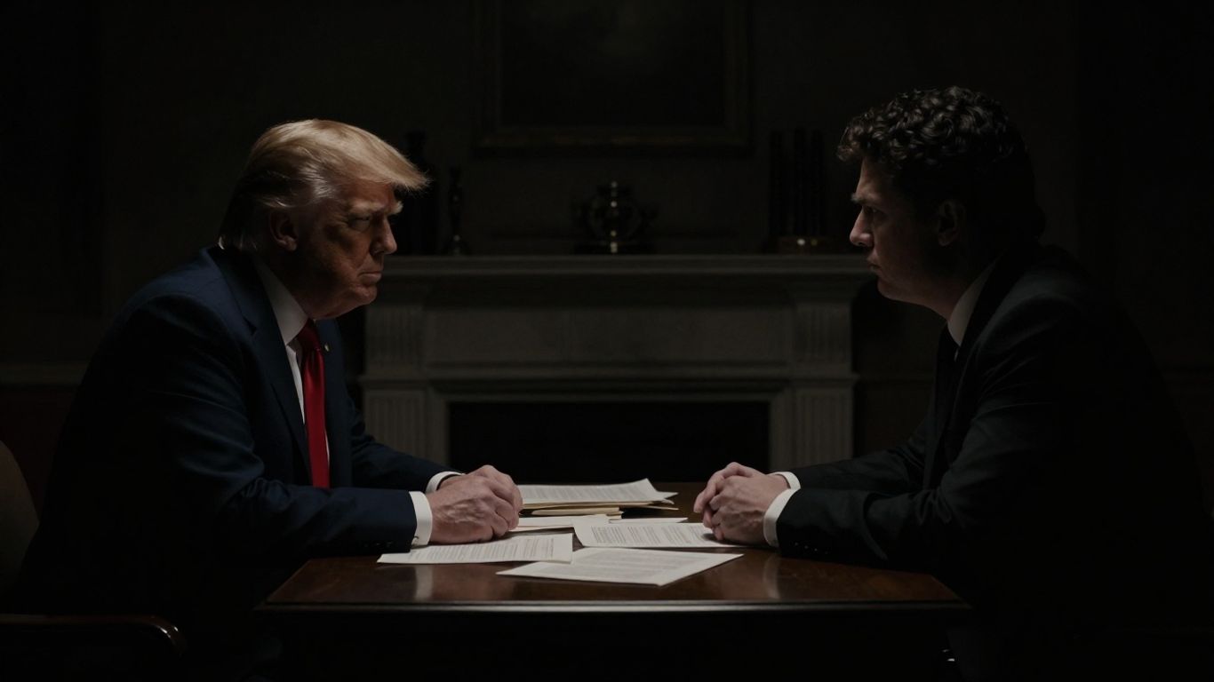 Shadowy figures and scattered documents hinting at a secret meeting.