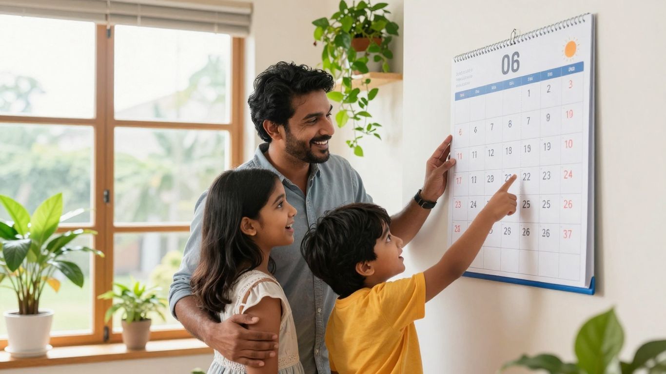 Familie betrachtet Kalender für NRW Ferien 2025 zuhause