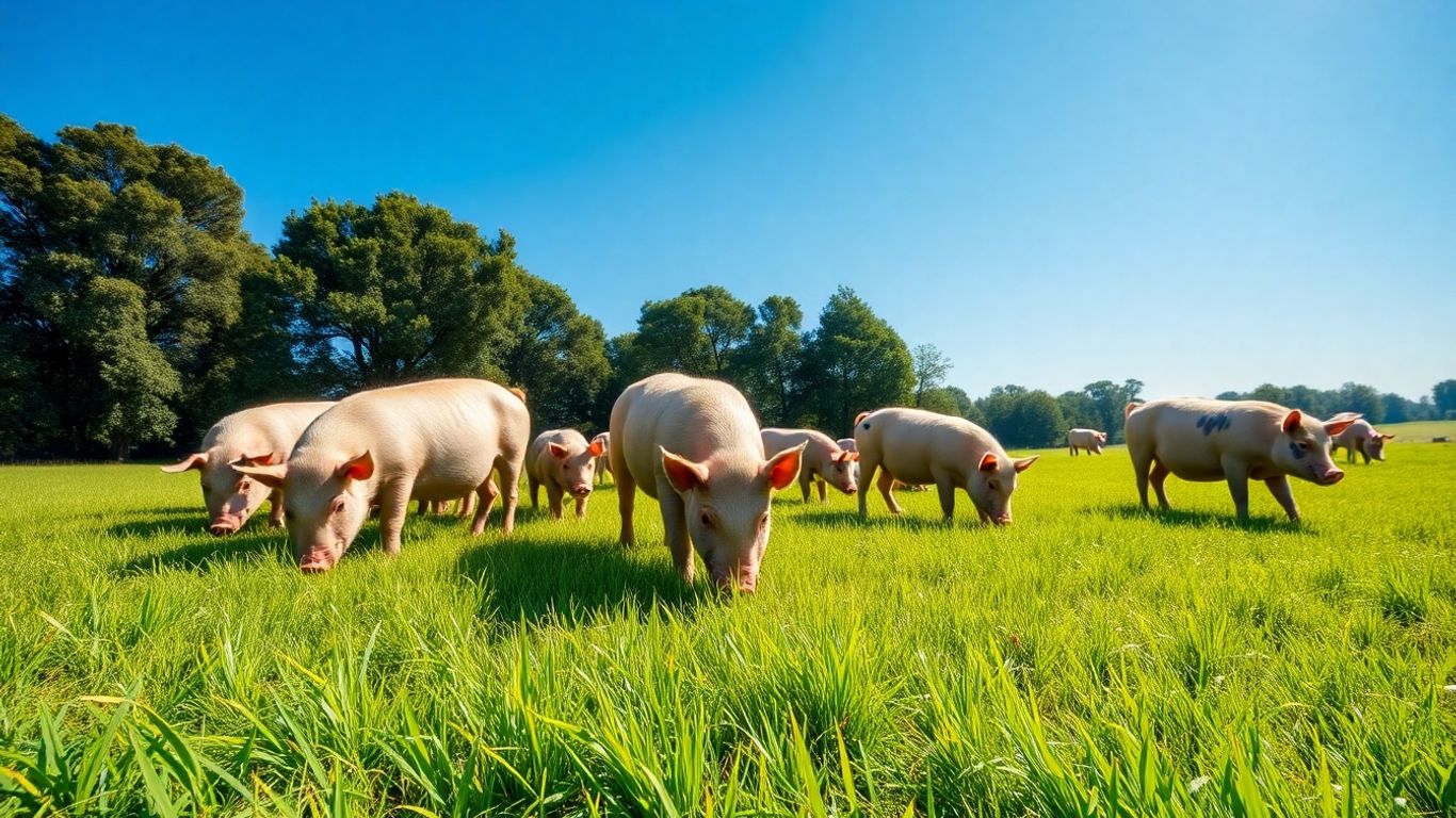 Porcos a pastar em campo verde em Portugal.