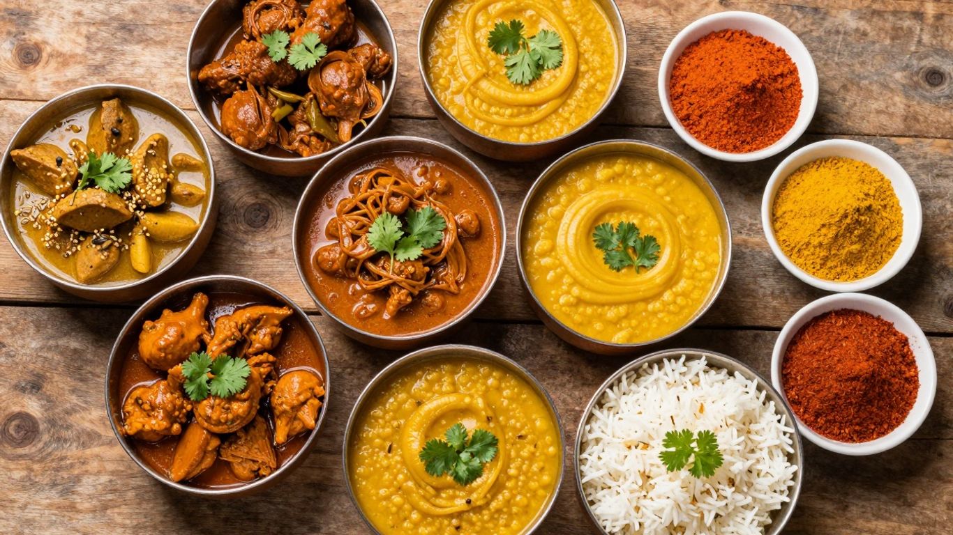 Colorful Indian vegetarian dishes and spices on a wooden table.