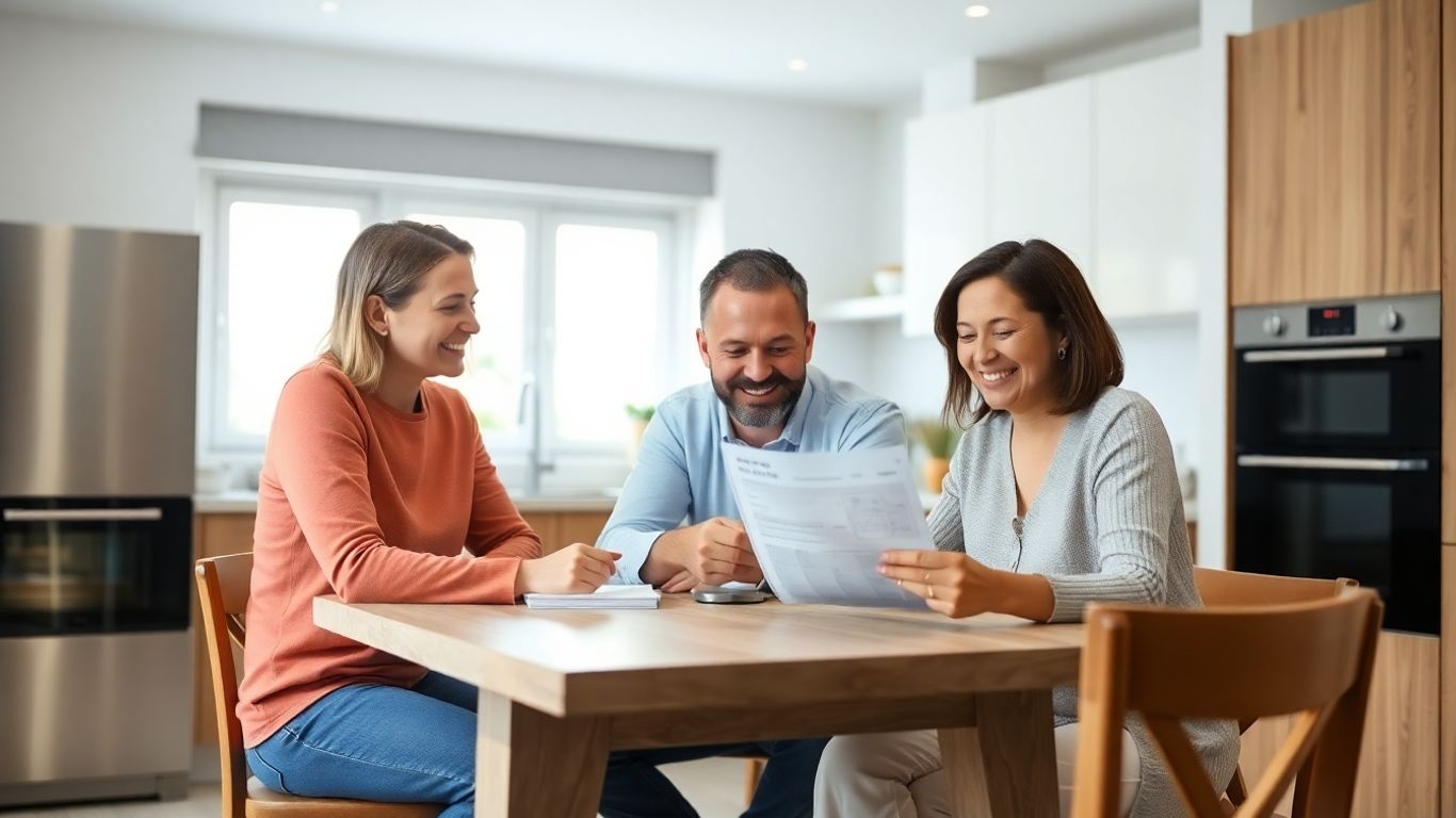 Famille heureuse vérifie facture d'électricité dans cuisine.