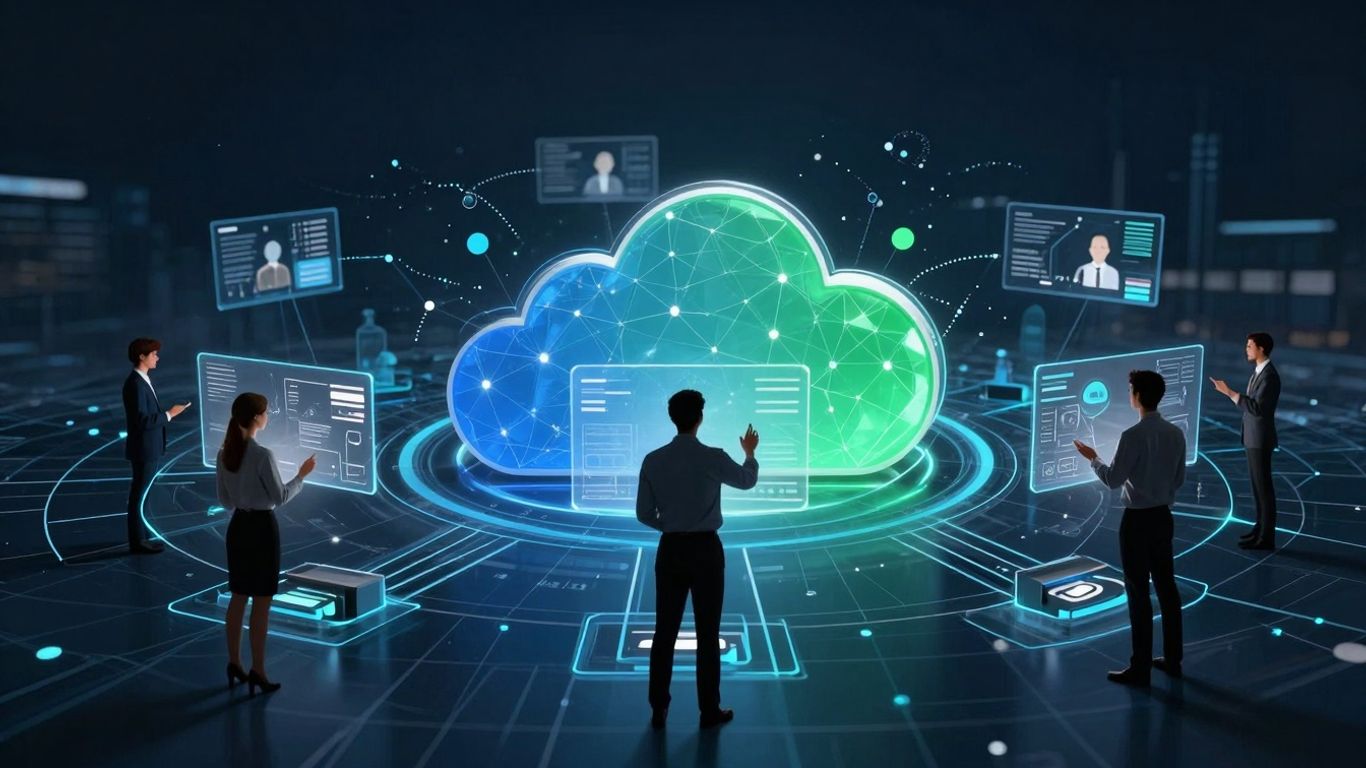 Cloud infrastructure providers infographic with interconnected servers and business professionals.