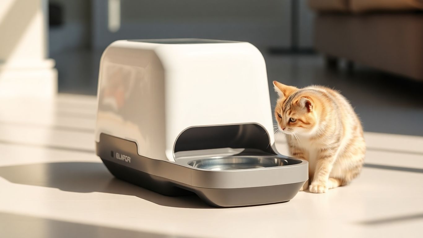 Automatic cat feeder with a curious cat nearby.
