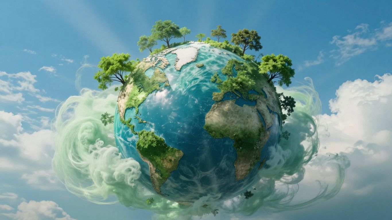 Glob pământesc cu nori verzi și copaci verzi.