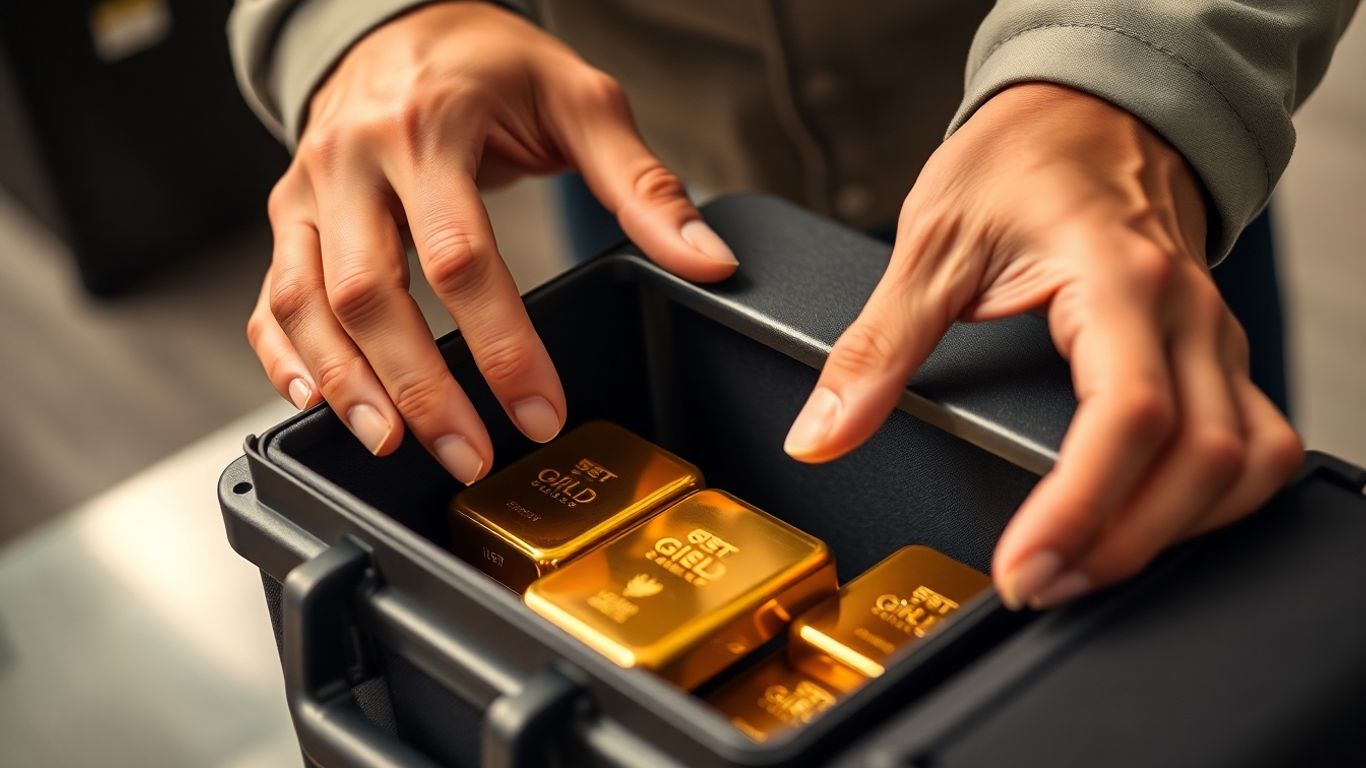 Hände sichern Goldbarren in einem Reisekoffer.
