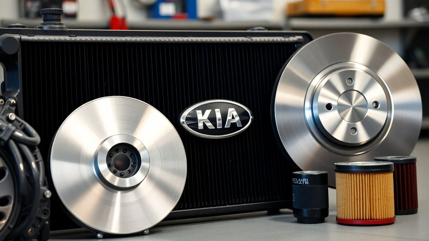 Shiny new Kia car parts arranged on a workshop surface.