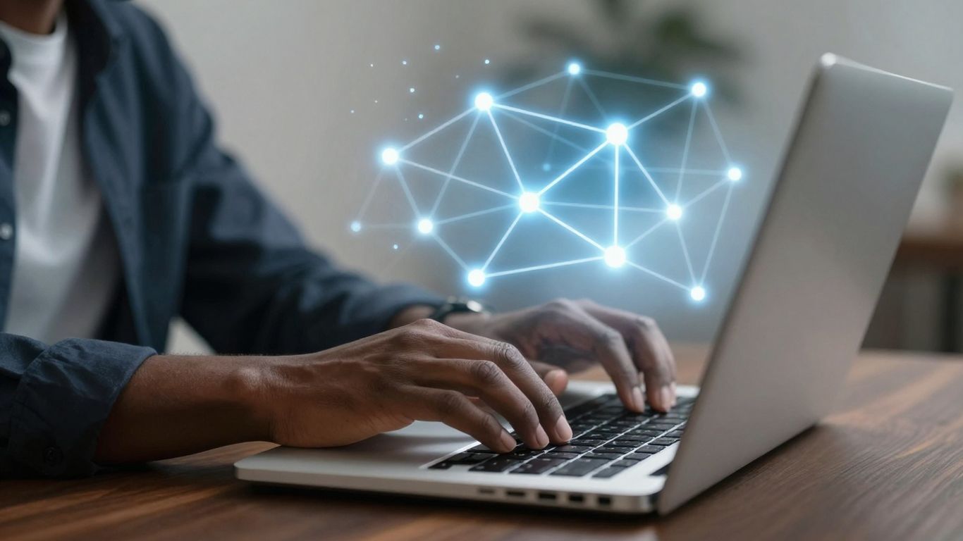 Person typing on laptop with digital connections.