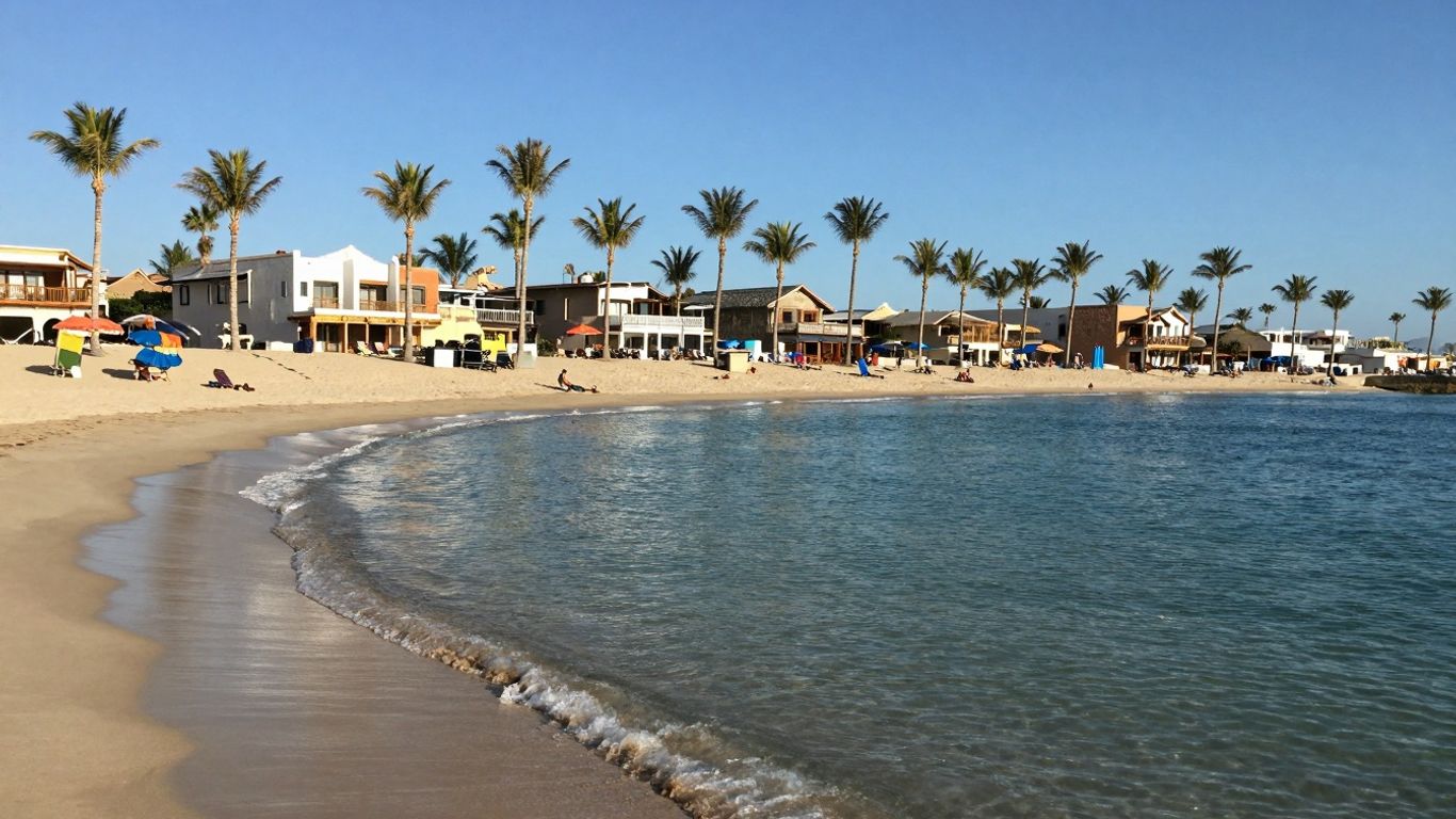 Beach in Cabo with palm trees and umbrellas.