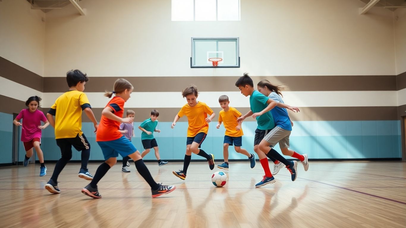 Schüler spielen Fußball in einer Sporthalle