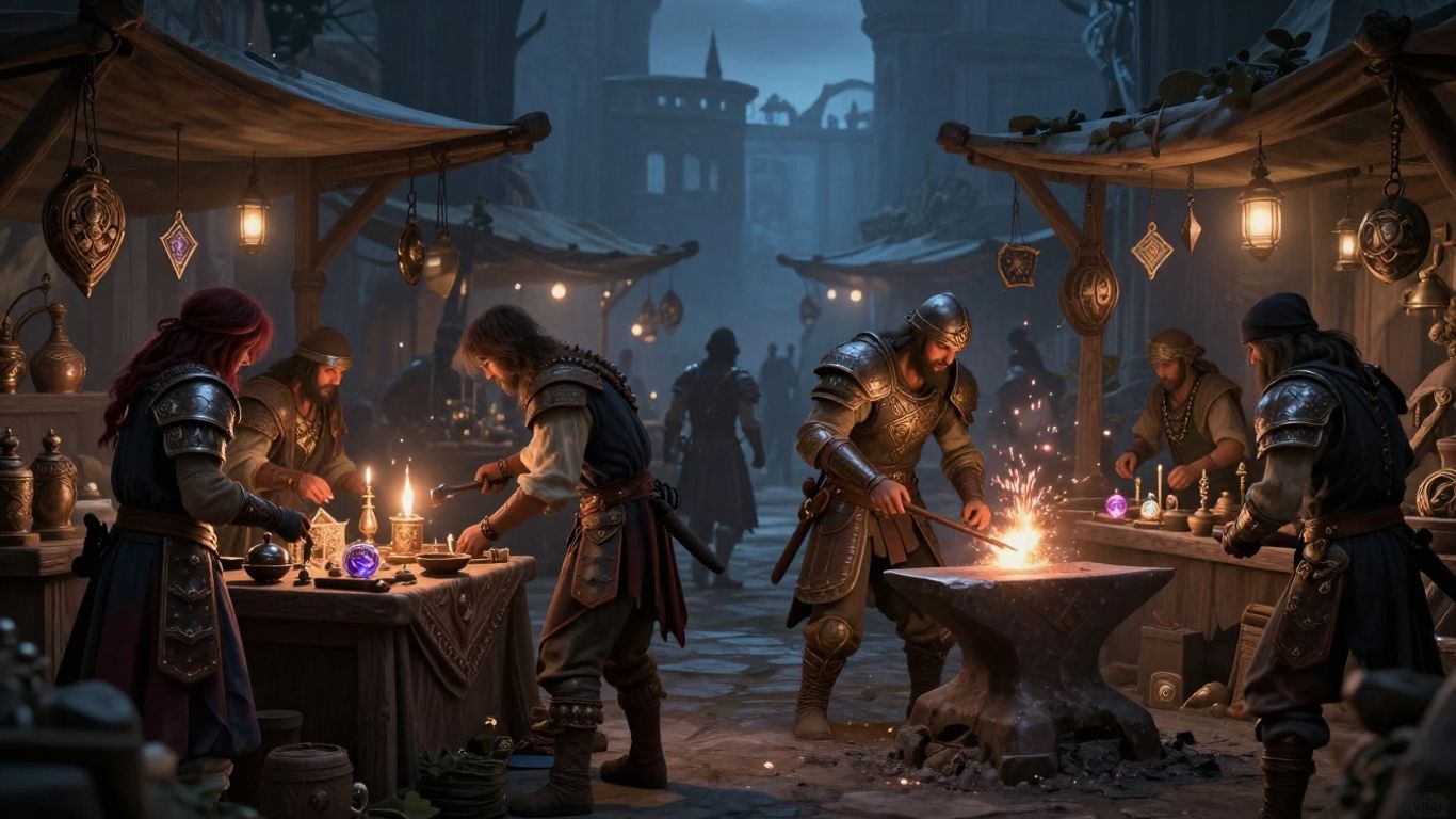 Diablo Sanctuary marketplace with adventurers trading magical items.