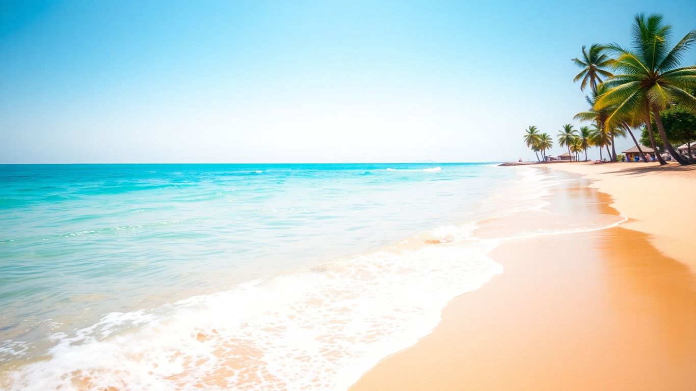 Słoneczna plaża z turkusową wodą i palmami.