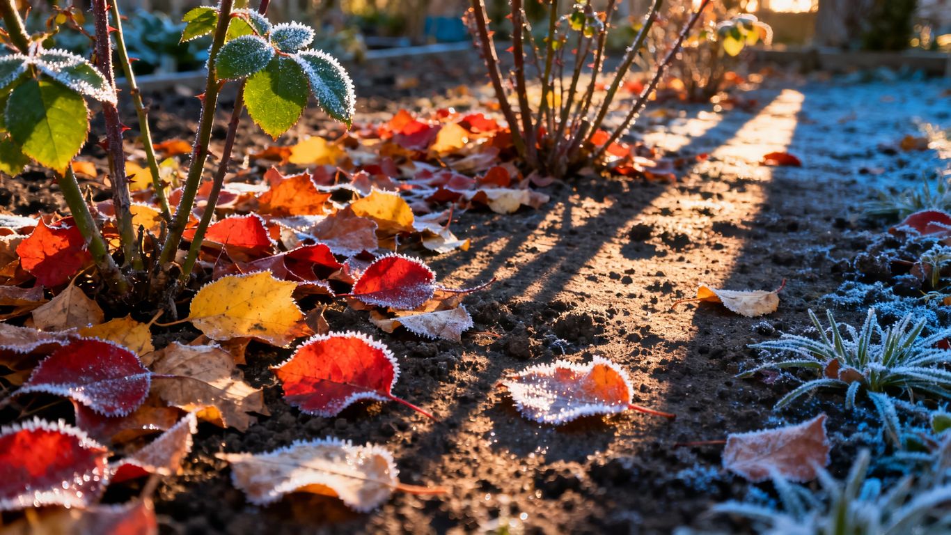Autumn garden with fallen leaves and frost.