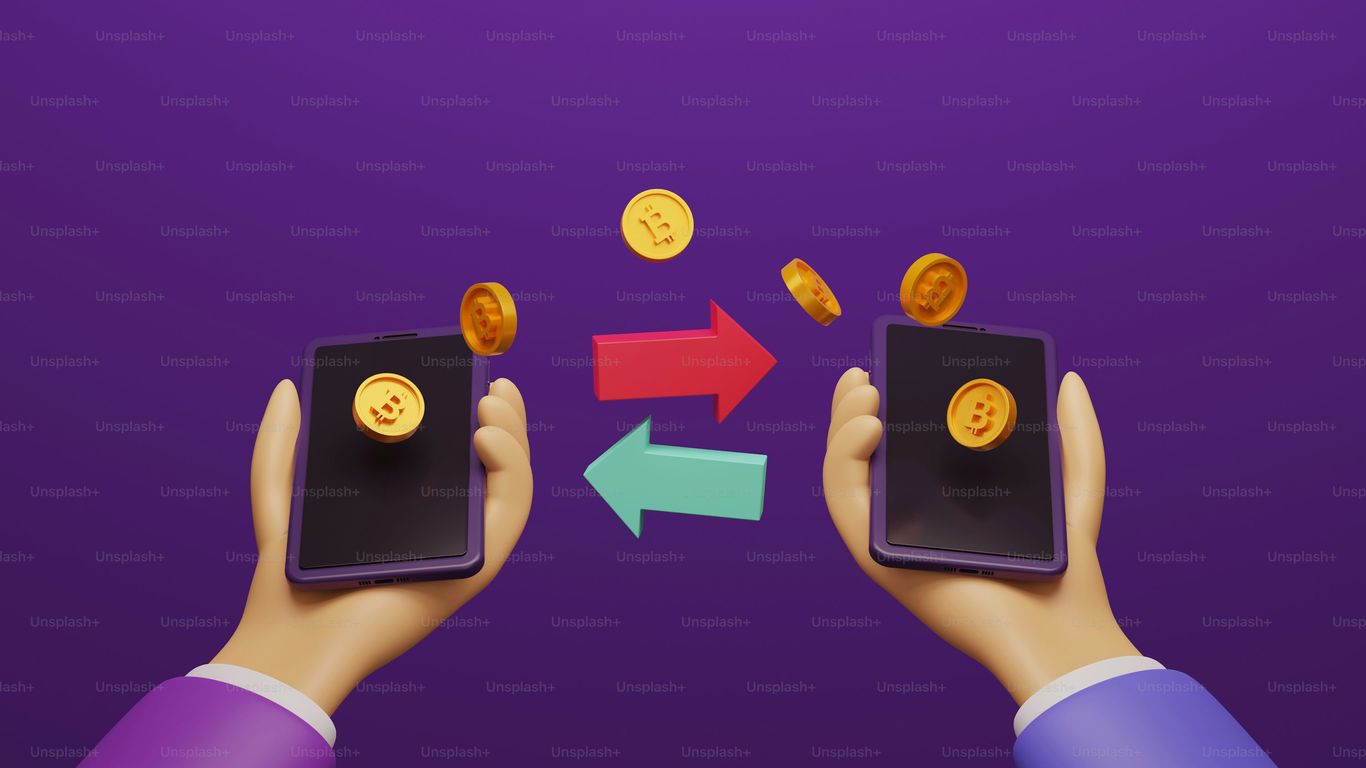 Two hands holding smartphones exchanging digital coins with arrows.