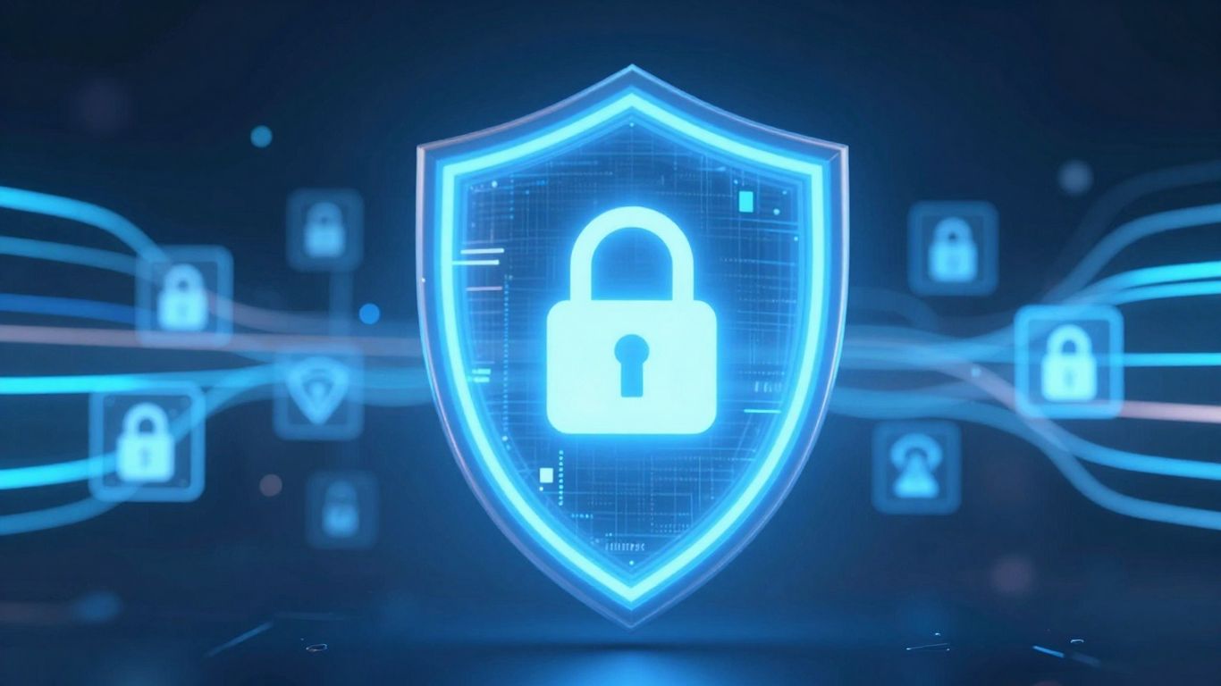 Digital shield protecting data icons.