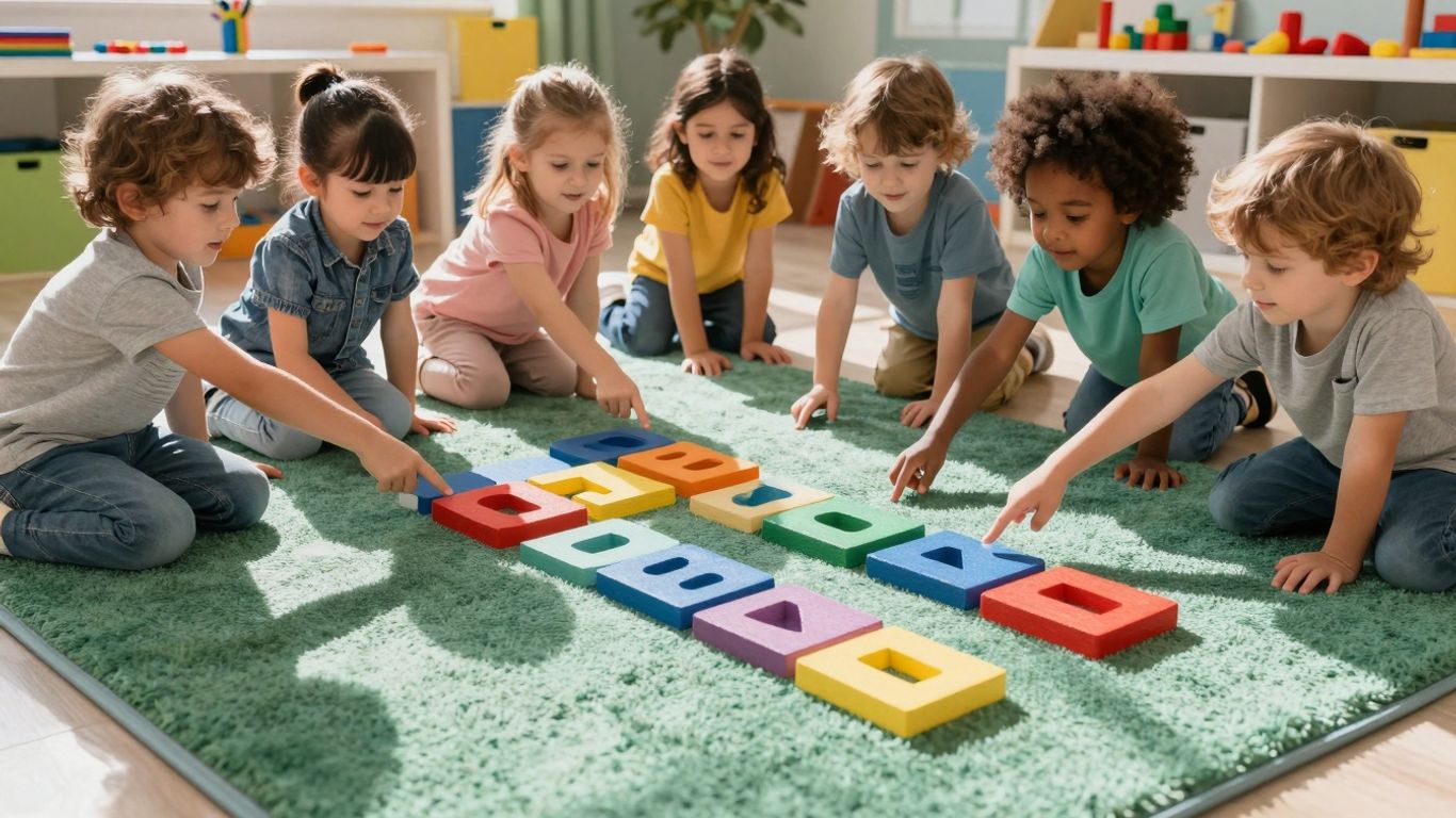 Preschoolers learning sight words with colorful blocks.