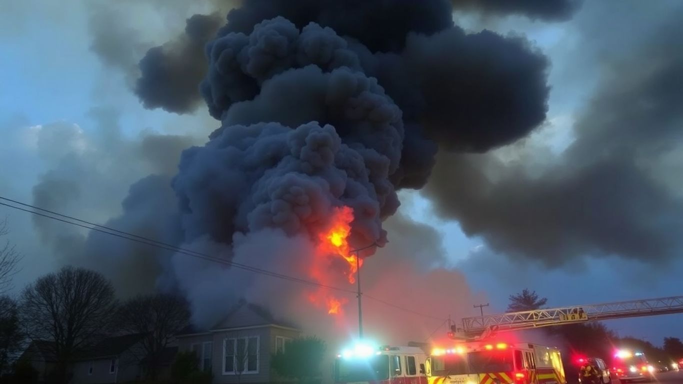 Pompiers combattant un grand incendie avec de la fumée épaisse.