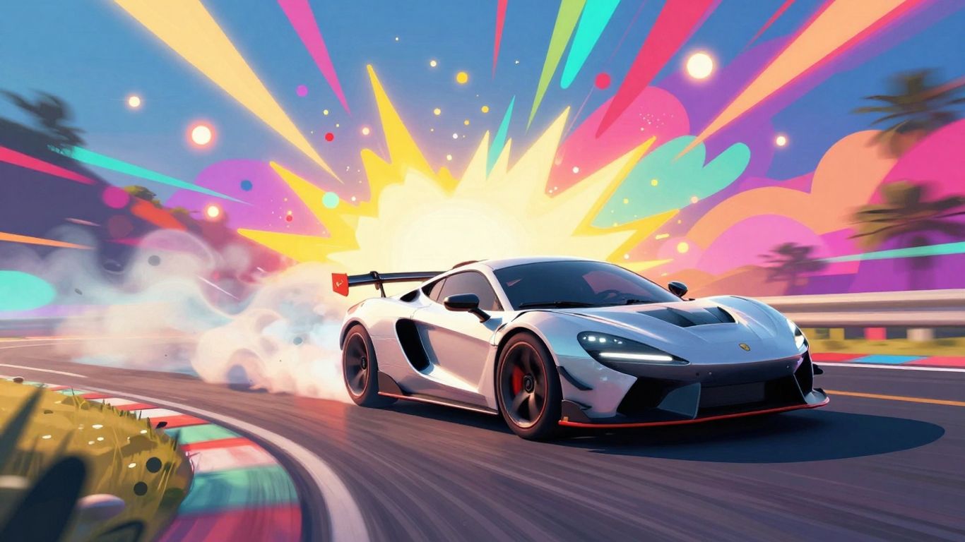Sleek car drifting on a colorful, energetic game track.