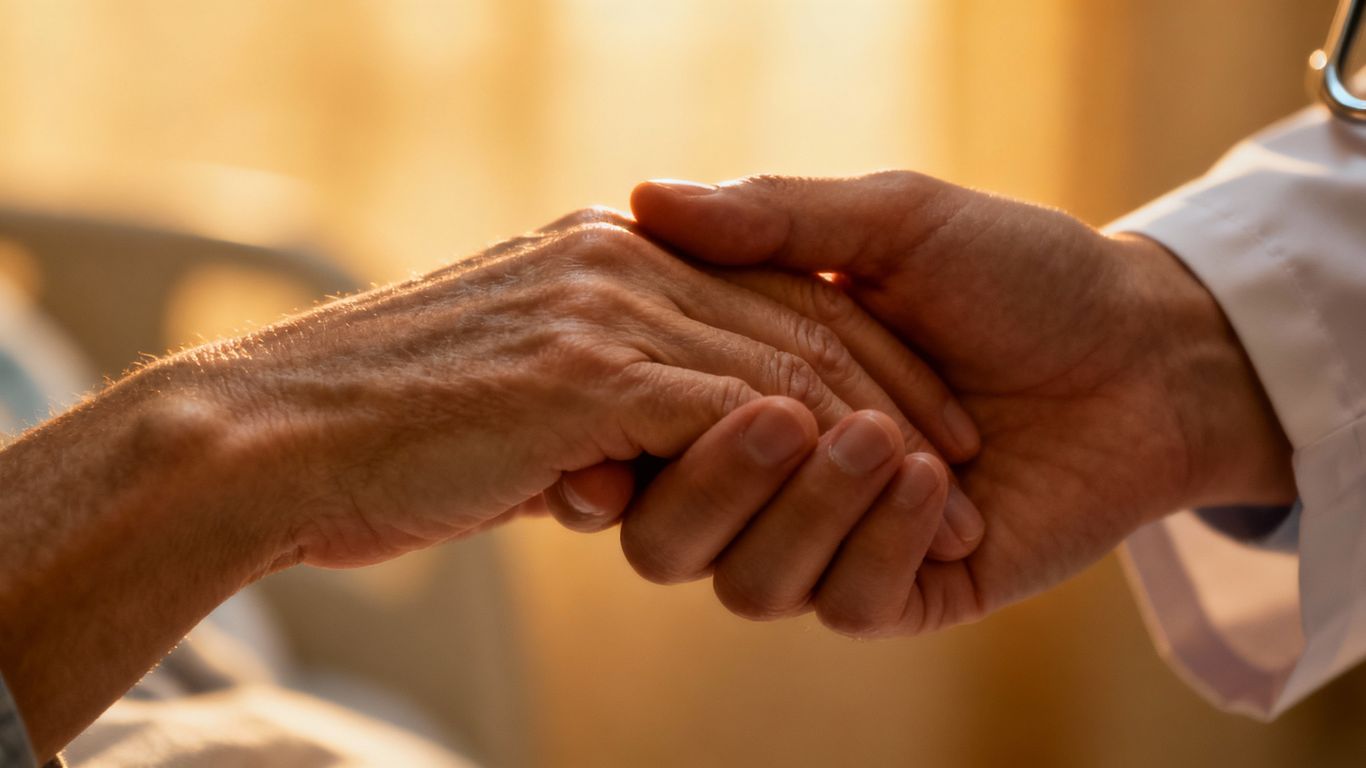 Staff member's hand comforting a patient's hand.