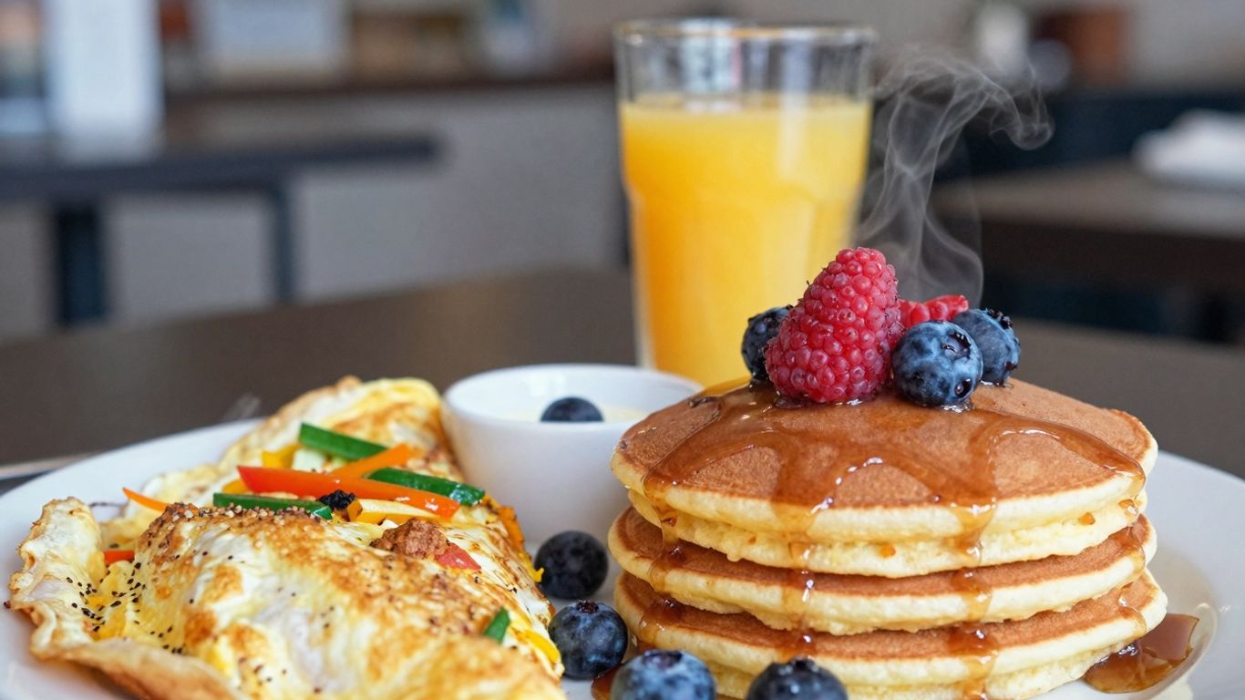 Healthy breakfast spread with pancakes, omelet, and juice.