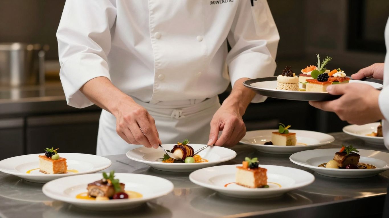 Restaurant staff preparing elegant food for a first impression.