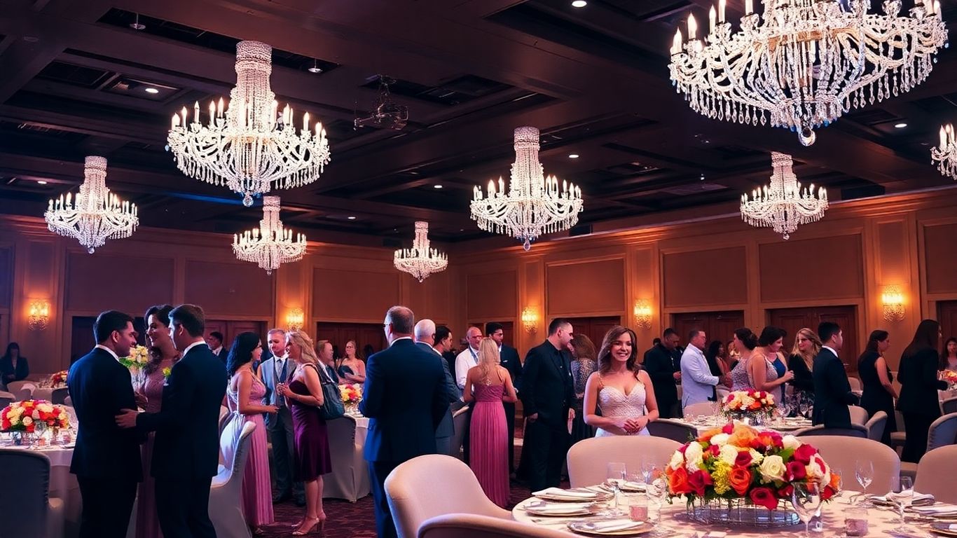 Elegant Dallas ballroom engagement party with chandeliers and guests.