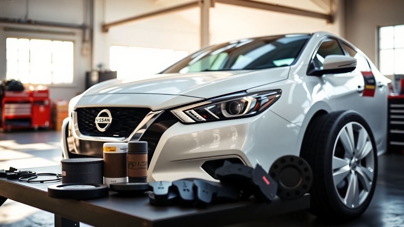 Nissan parts and car in a garage.