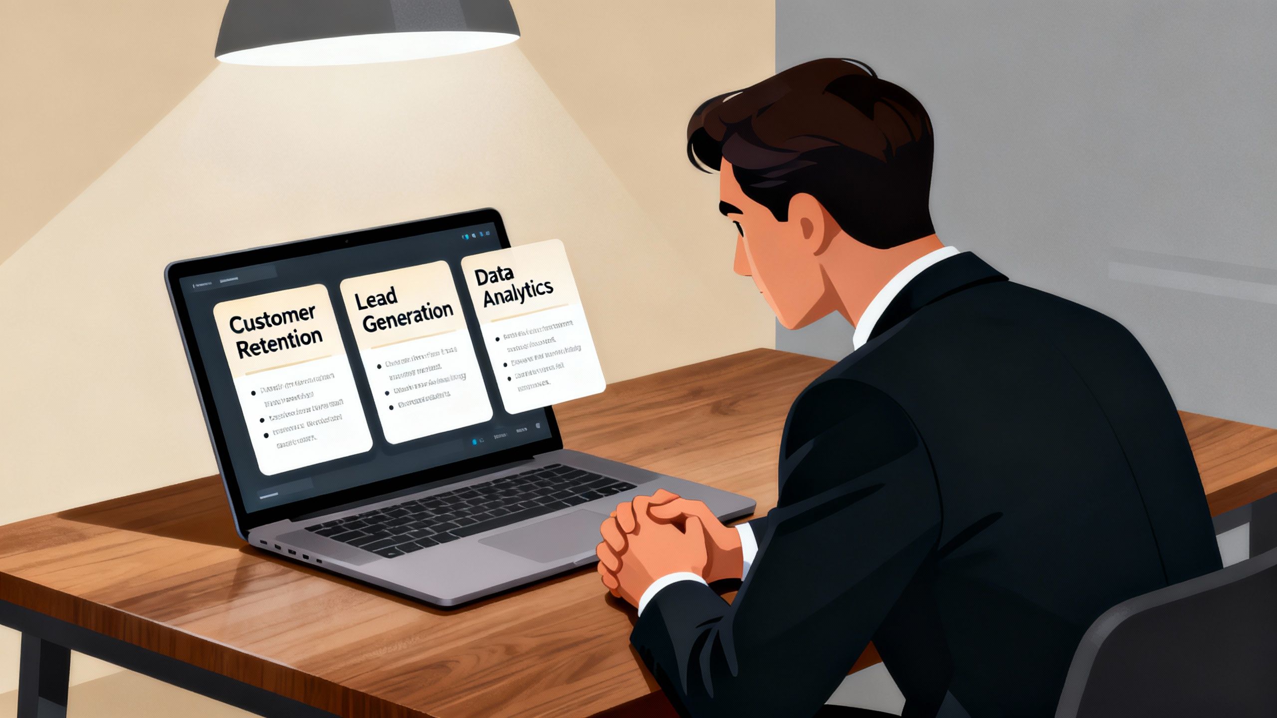 Business owner considering different CRM strategies on a laptop