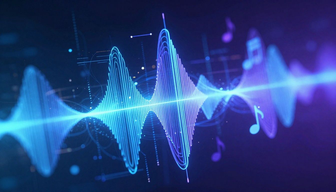 Abstract AI music generation with glowing sound waves and digital patterns.