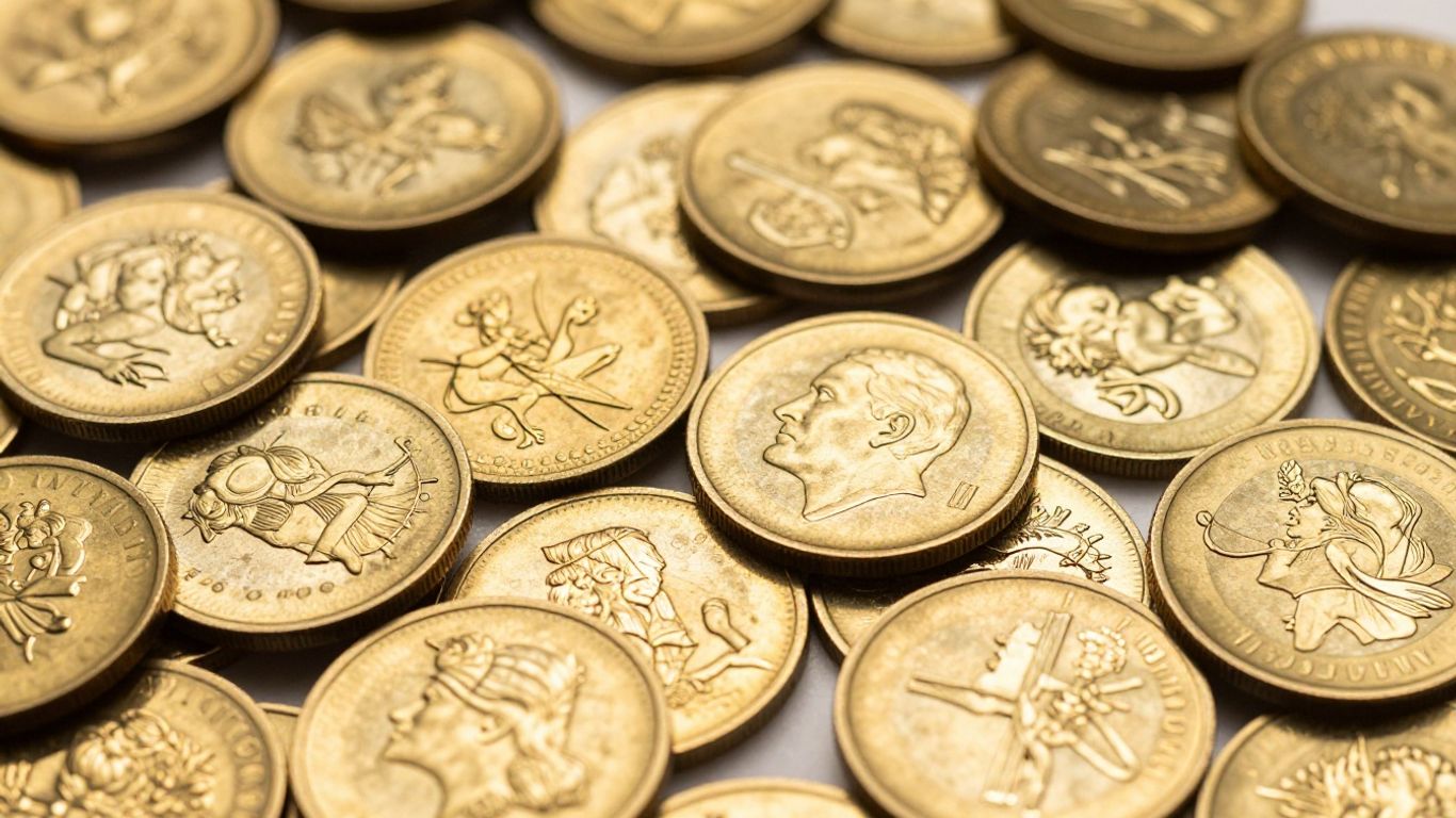 Gold coins with varying shades of yellow and intricate details.