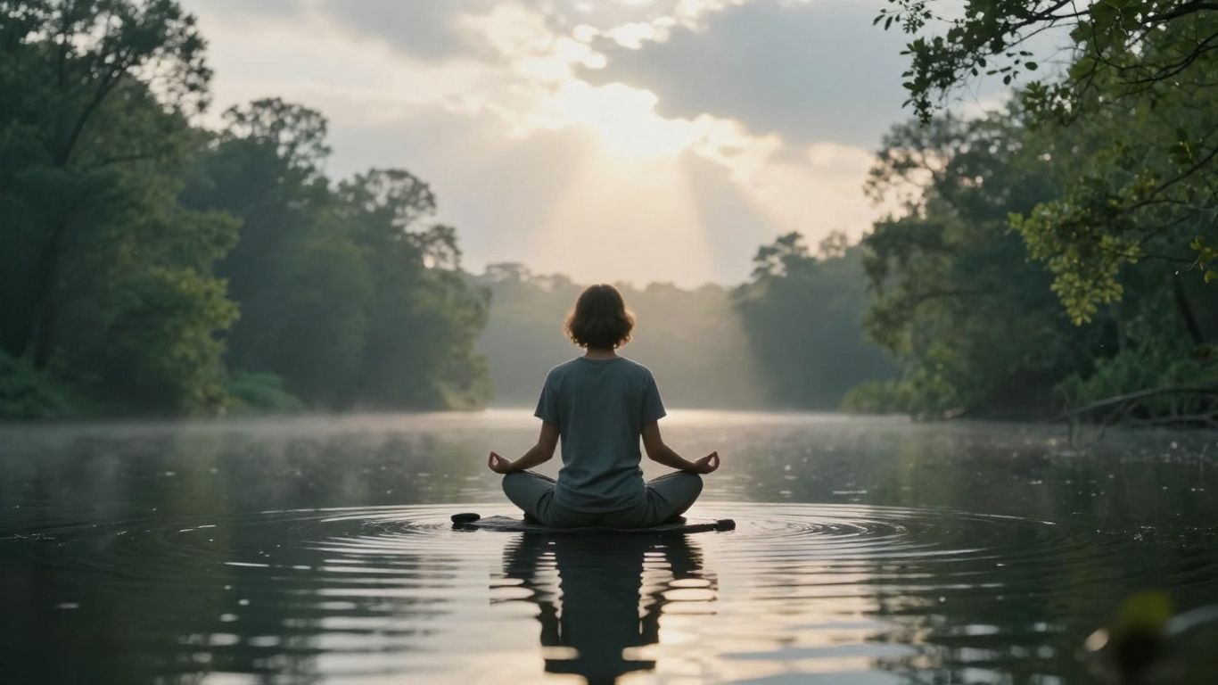 Pessoa meditando em paisagem serena com luz suave.
