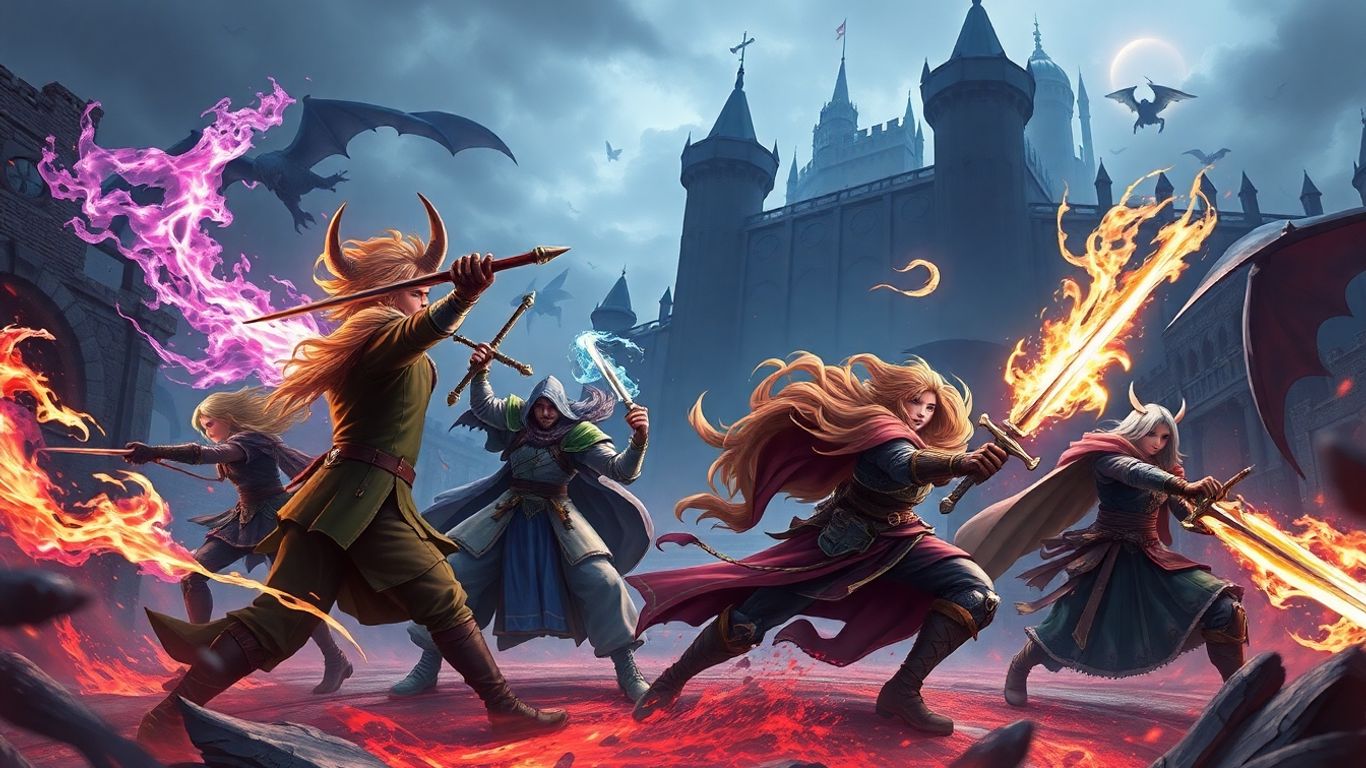 Fantasy warriors battle monsters in action RPG game scene