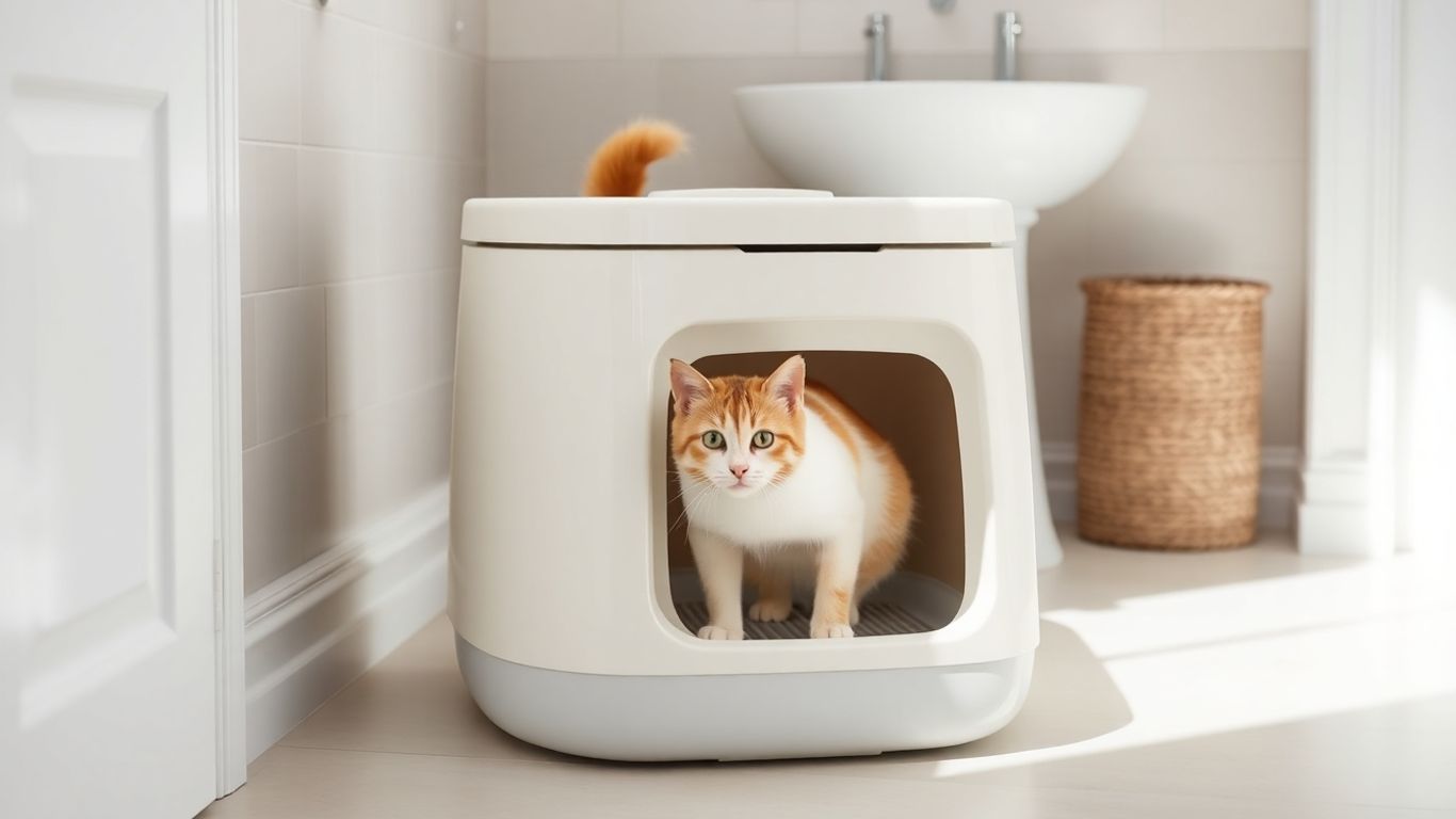 Modern covered cat litter box with a cat peeking out.