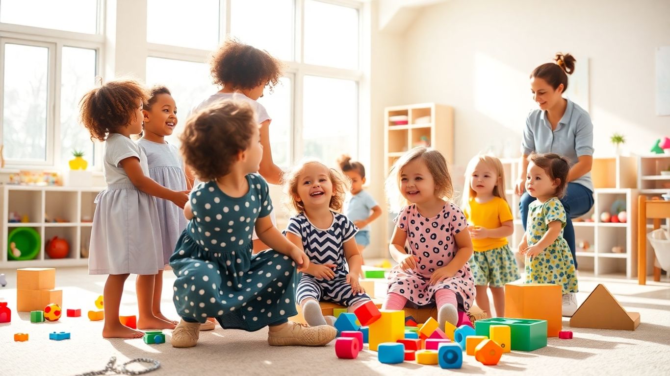 Enfants souriants dans un centre de garde d'enfants moderne et lumineux.