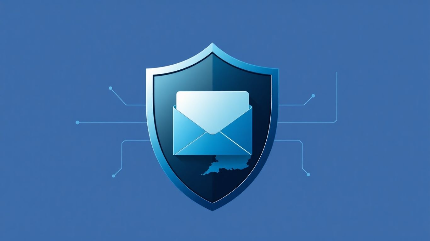 Digital shield protecting email inbox with UK map outline.