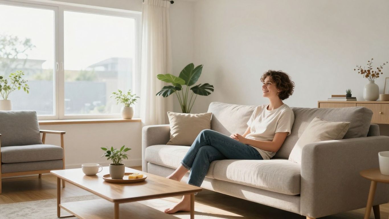 Cozy living room with a happy guest relaxing on the sofa.