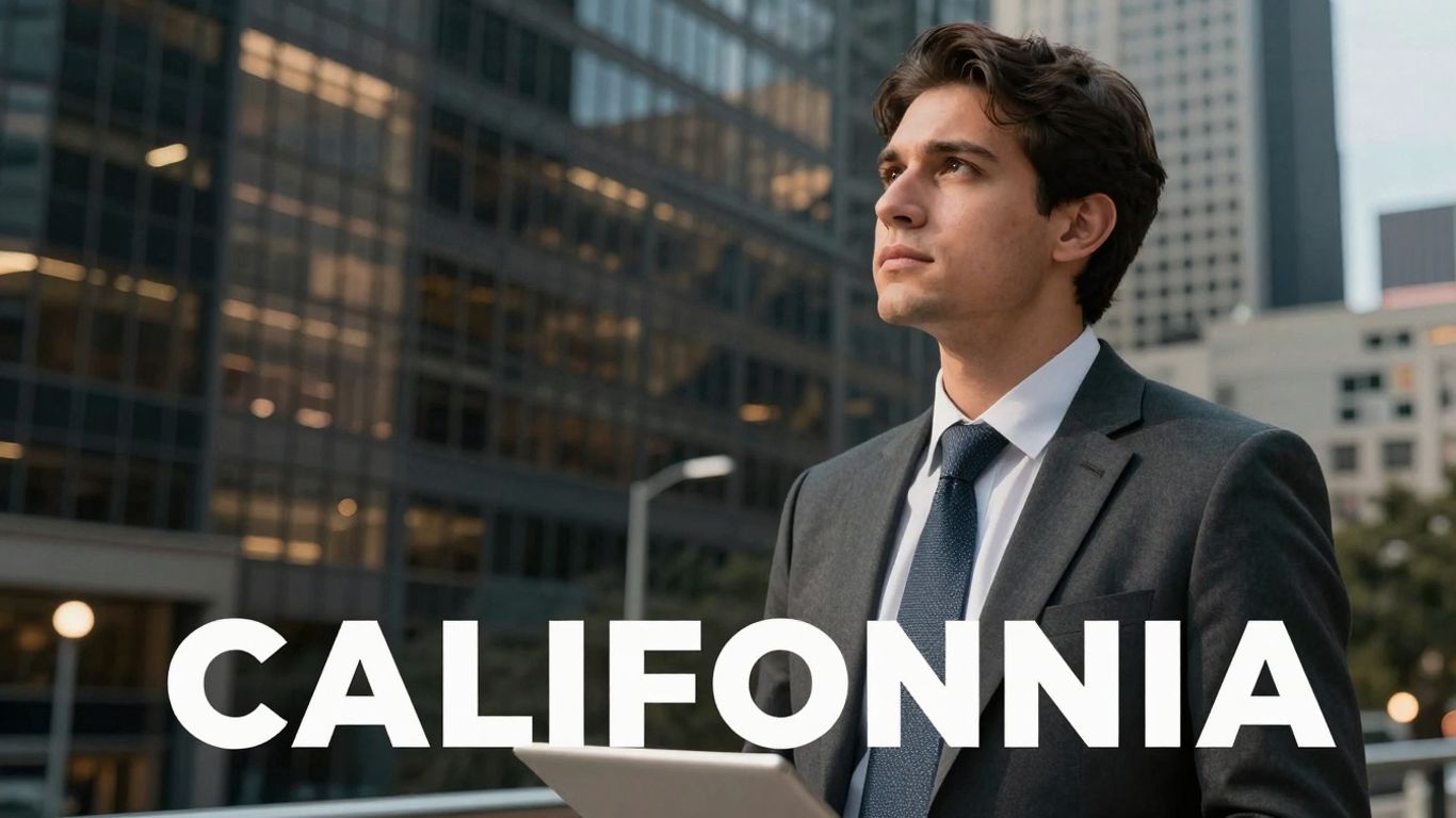 Financial analyst in California overlooking city skyline.