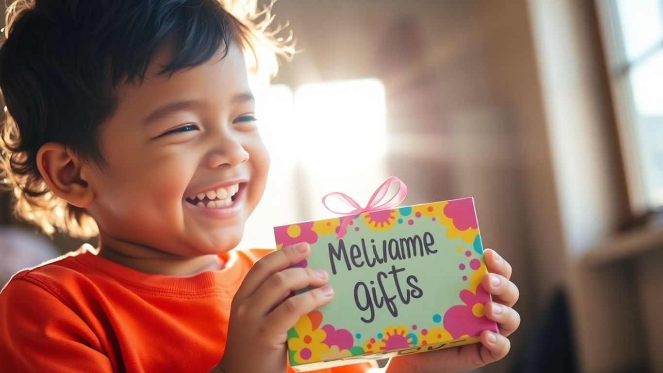 Child happily holding a personalized motivational gift.