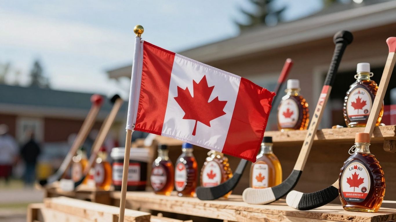Canadian flag with products behind it.