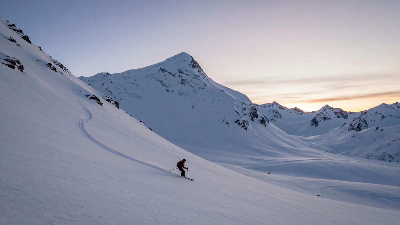Snowy mountains under midnight sun with a skier.