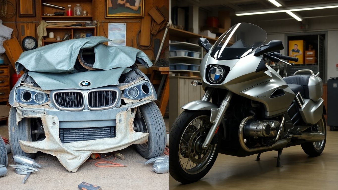 Wrecked BMW next to a restored BMW.